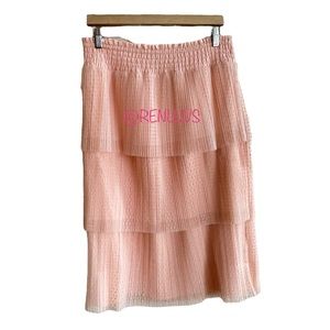 DR2 Tiered Pleated Tulle Polka Dot Pullon Midi Skirt Pale Pink Orange Size L NWT
